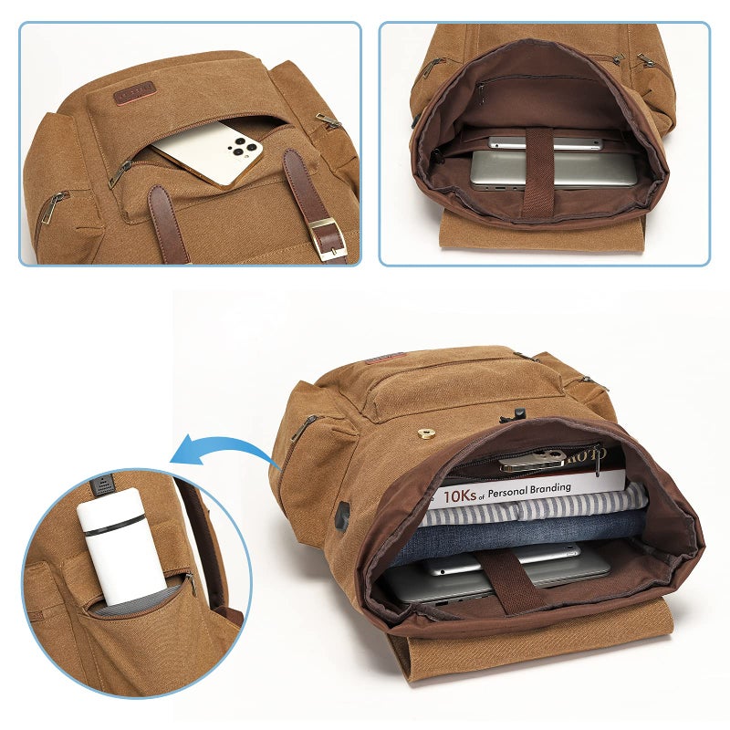 Modoker حقائب ظهر مودوكر القماشية الكلاسيكية للرجال والنساء، حقيبة سفر للكمبيوتر المحمول تناسب أجهزة الكمبيوتر اللوحي بحجم 17/15.6 بوصة، حقيبة كتب كبيرة مع منفذ شحن USB، بني - Image 3